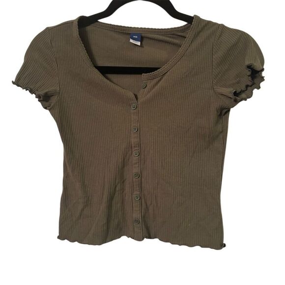 Old Navy Women's Brown Button Front Ribbed Short Sleeve Top Size M - Picture 1 of 7
